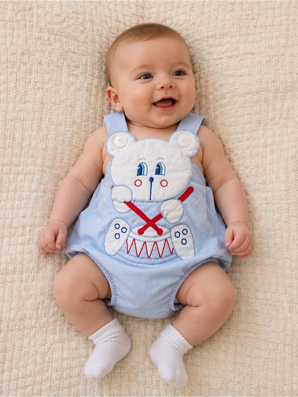 Vintage Baby Romper Sz 3-6 Months Blue Embroidered Teddy Bear Plastic Lined Drum